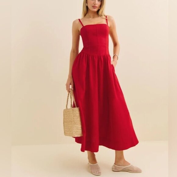 NEW Reformation Katarin Linen Midi Dress Lipstick Red Lace Detail | size 4 - Picture 2 of 12